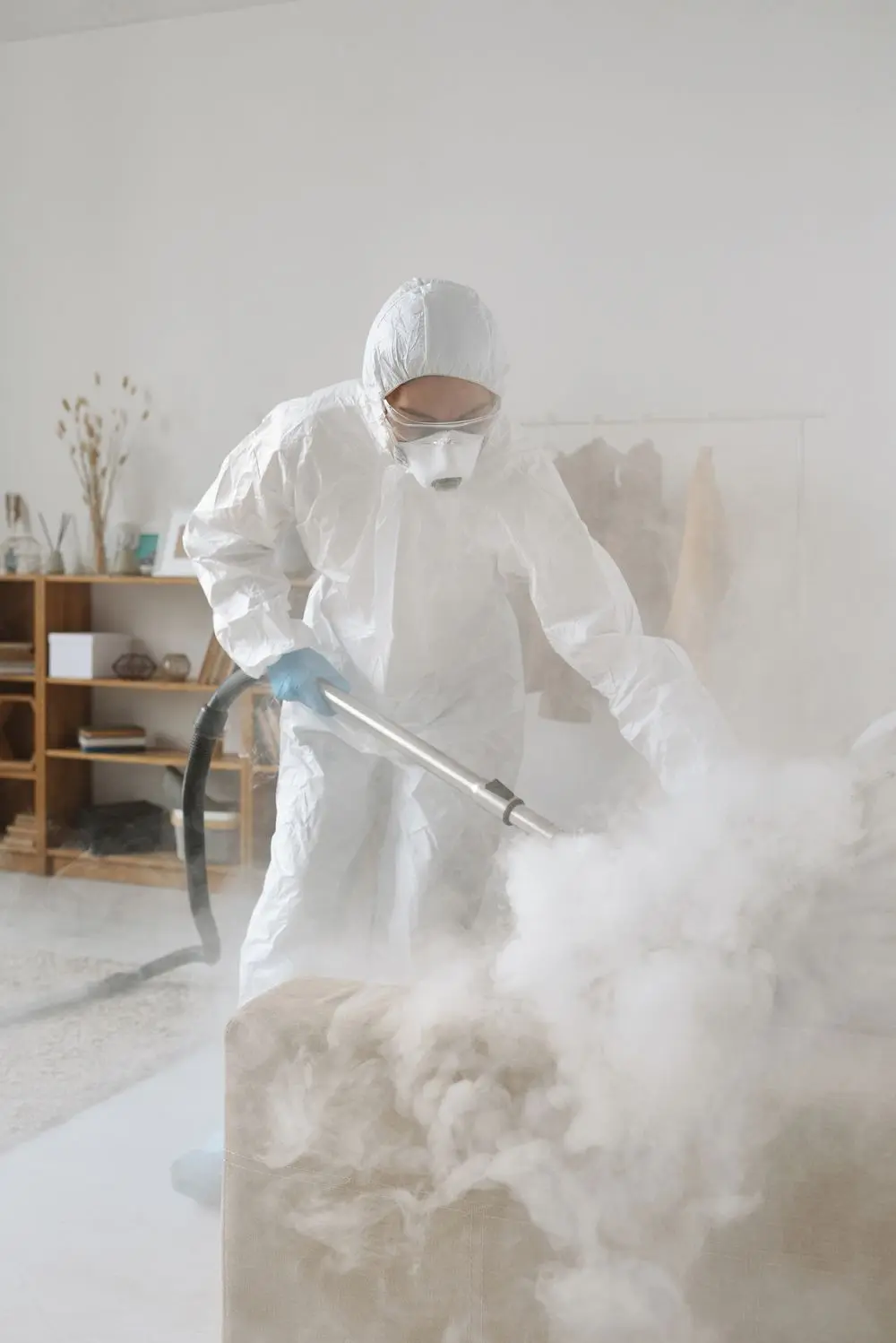 A technician in a white suit directing a spray in a bright room.