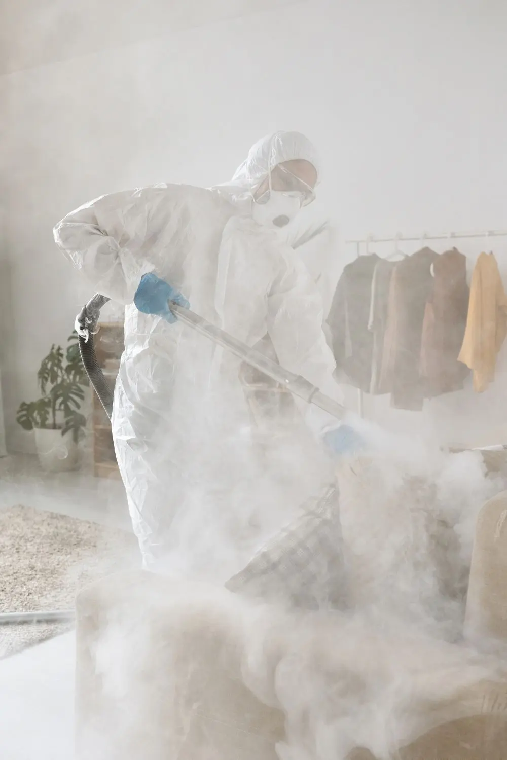 A technician in a white suit and mask fogging a bright room.