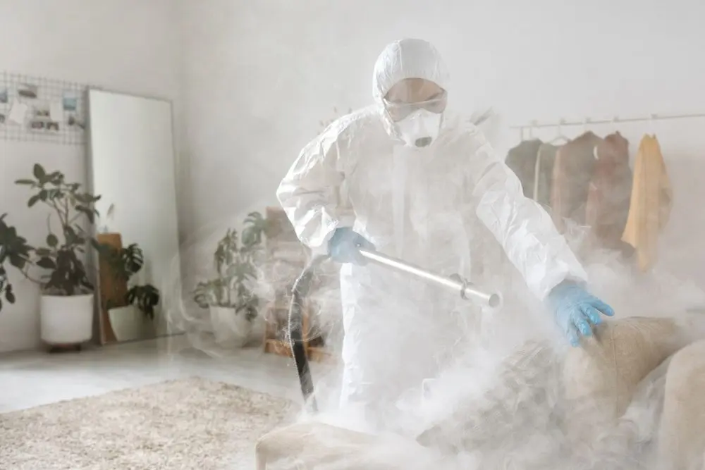 A technician in a white suit fogging near a bright window.