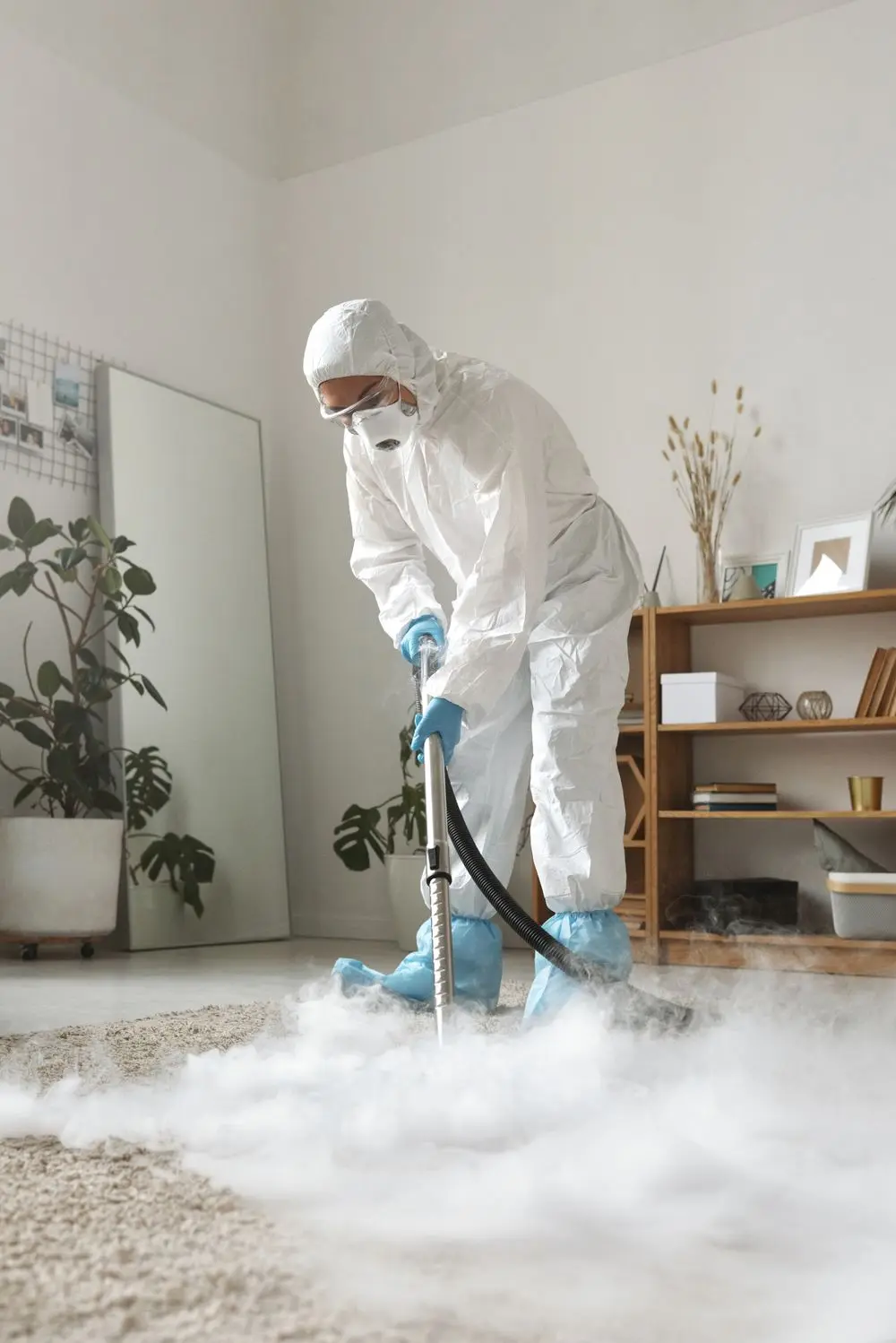A technician in a white suit spraying in a bright room.